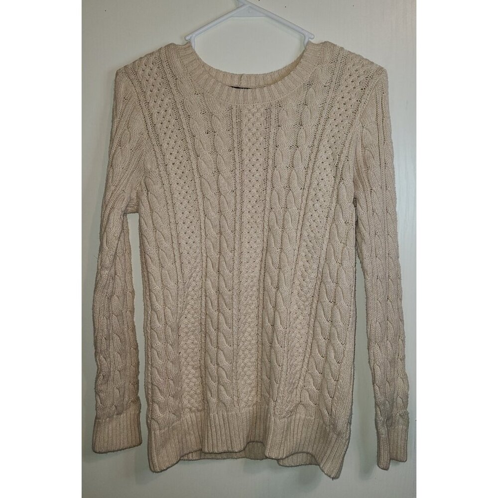 Jeanne Pierre Cable Knit Pullover Sweater Ivory 100% Cotton Long Sleeve Size S